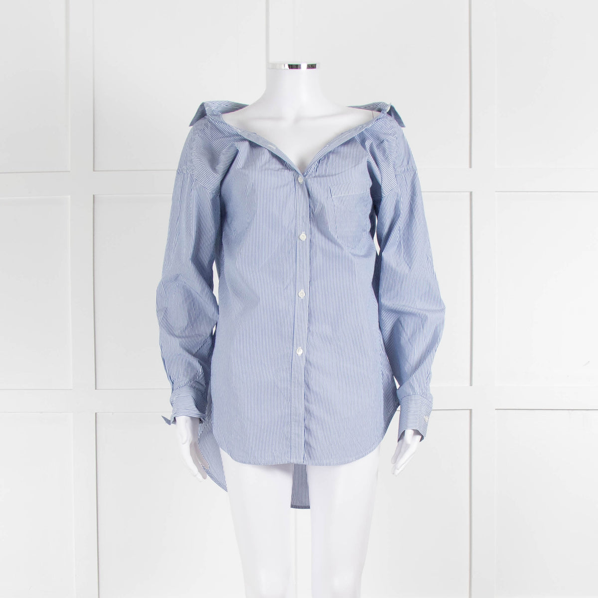Theory Blue and White Micro Stripe Off Shoulder Collared Shirt