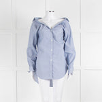 Theory Blue and White Micro Stripe Off Shoulder Collared Shirt