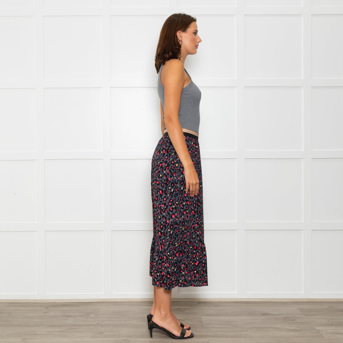 Wyse Grey Black Pink Animal Print Elasticated Waist Skirt