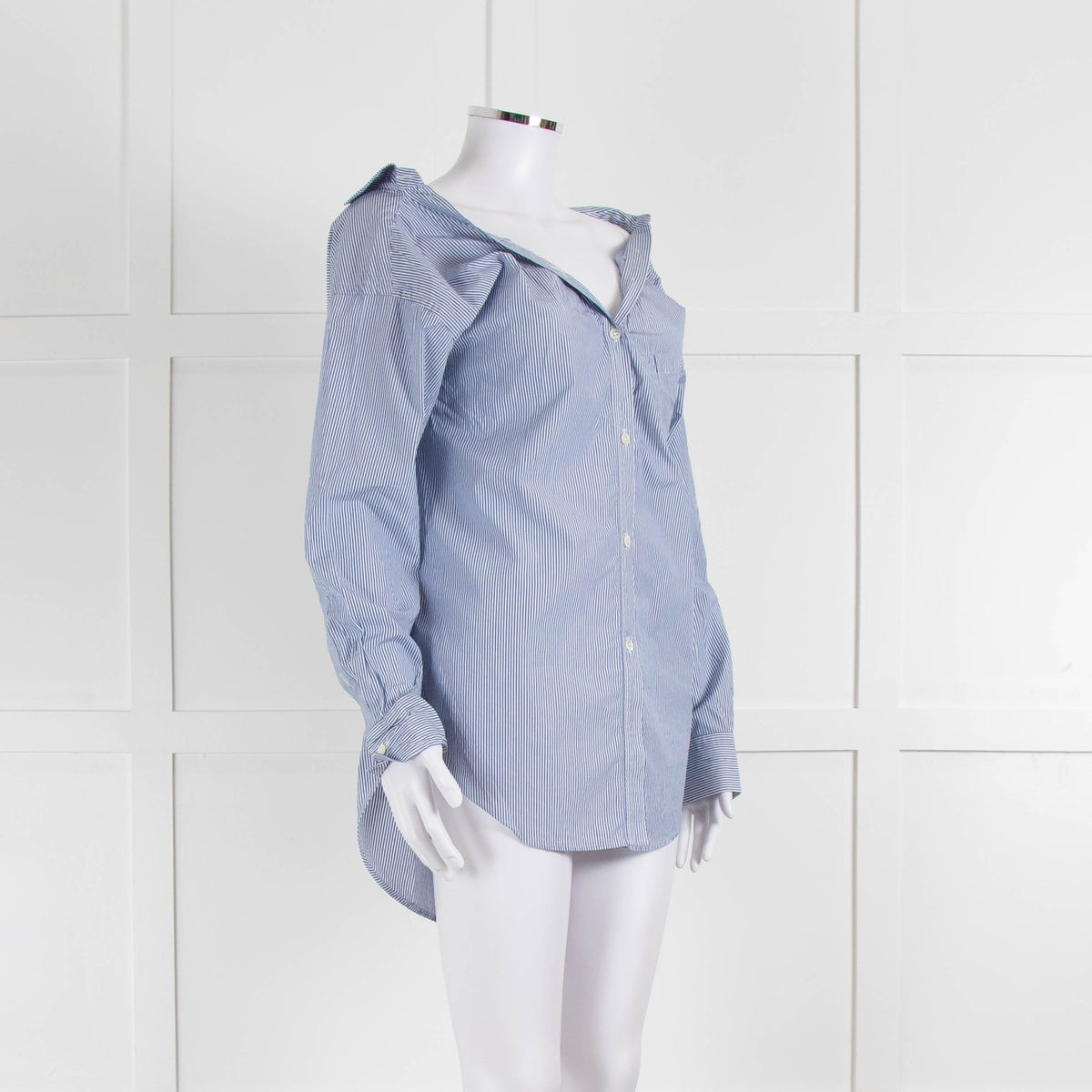 Theory Blue and White Micro Stripe Off Shoulder Collared Shirt