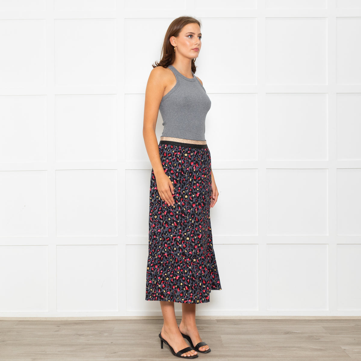 Wyse Grey Black Pink Animal Print Elasticated Waist Skirt