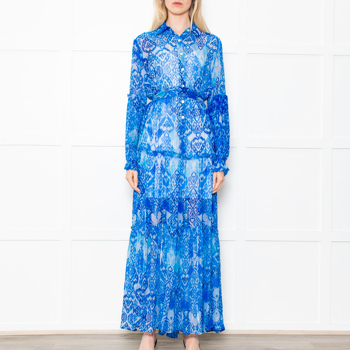 Miss June Blue Geometric Print Tie Waist Sheer Paris Maxi  Shirt Dress with Silver Lurex