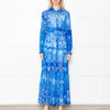Miss June Blue Geometric Print Tie Waist Sheer Paris Maxi  Shirt Dress with Silver Lurex