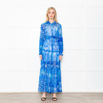 Miss June Blue Geometric Print Tie Waist Sheer Paris Maxi  Shirt Dress with Silver Lurex
