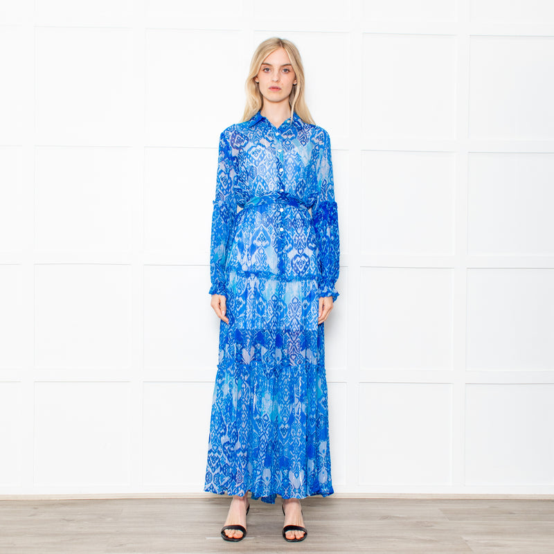 Miss June Blue Geometric Print Tie Waist Sheer Paris Maxi  Shirt Dress with Silver Lurex