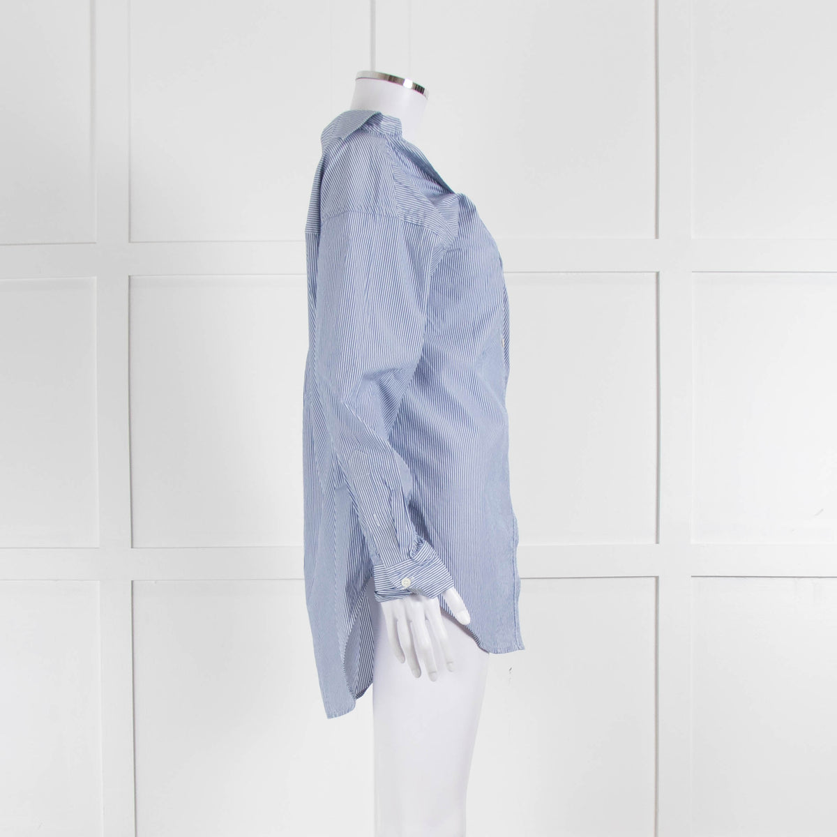 Theory Blue and White Micro Stripe Off Shoulder Collared Shirt