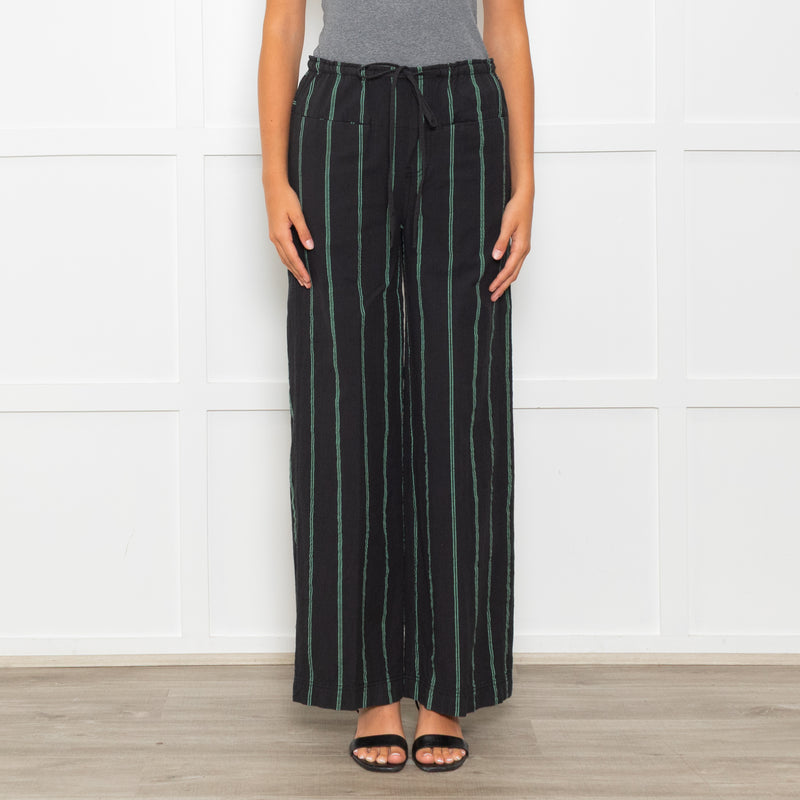 Free People Black Green Striped Cotton Trousers