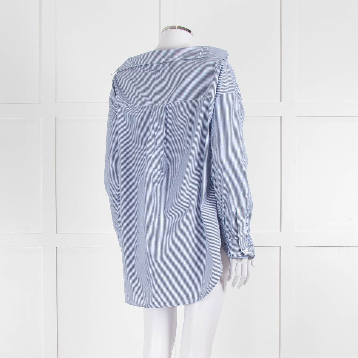 Theory Blue and White Micro Stripe Off Shoulder Collared Shirt