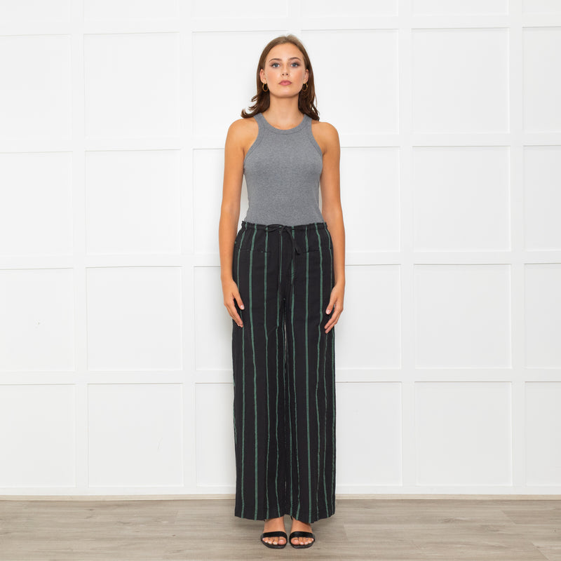 Free People Black Green Striped Cotton Trousers