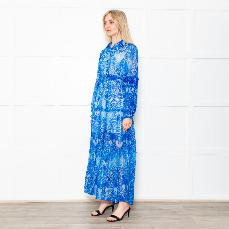 Miss June Blue Geometric Print Tie Waist Sheer Paris Maxi  Shirt Dress with Silver Lurex