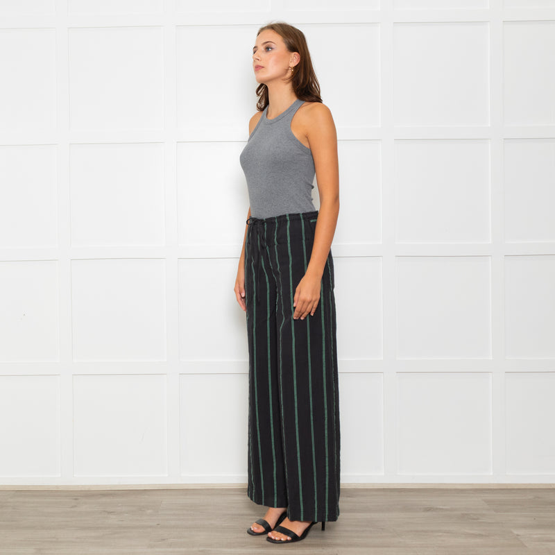 Free People Black Green Striped Cotton Trousers