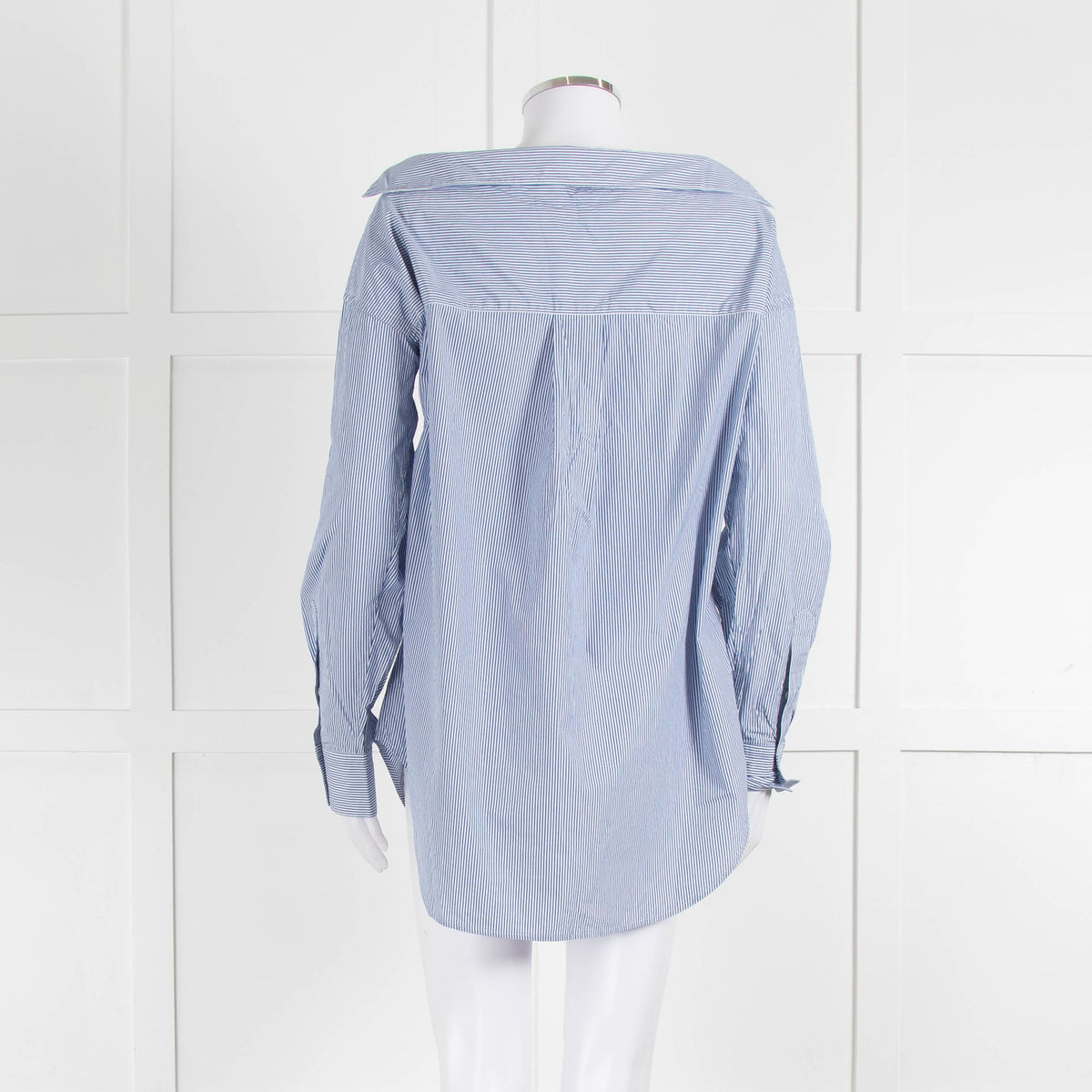 Theory Blue and White Micro Stripe Off Shoulder Collared Shirt