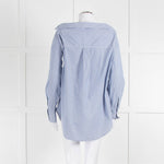 Theory Blue and White Micro Stripe Off Shoulder Collared Shirt