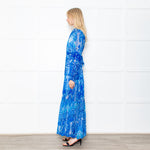 Miss June Blue Geometric Print Tie Waist Sheer Paris Maxi  Shirt Dress with Silver Lurex