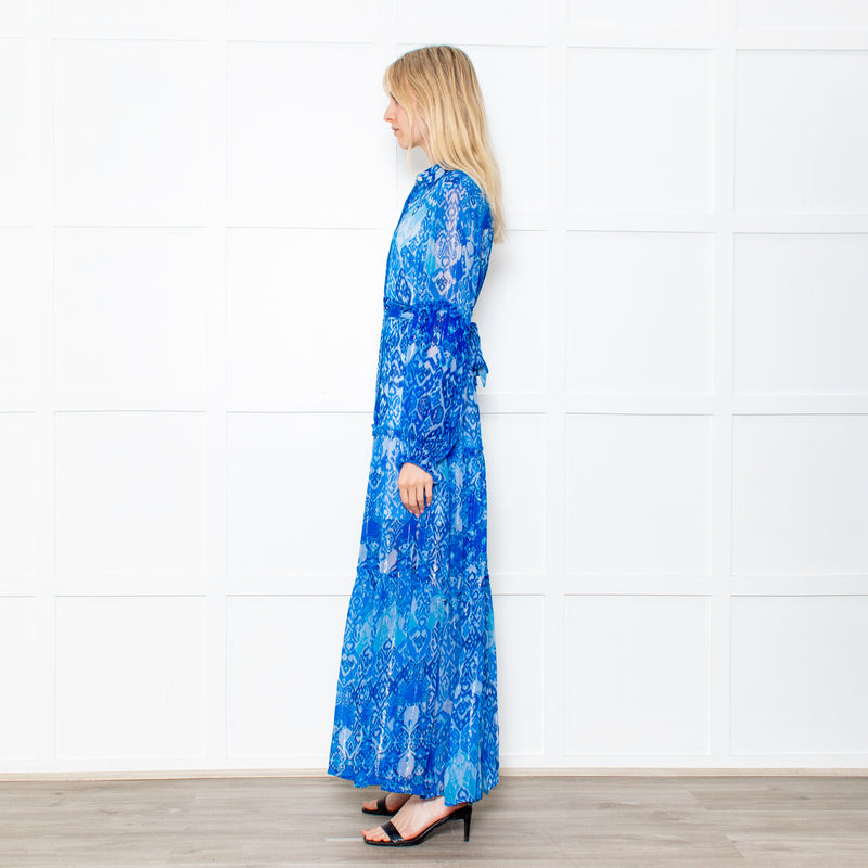 Miss June Blue Geometric Print Tie Waist Sheer Paris Maxi  Shirt Dress with Silver Lurex