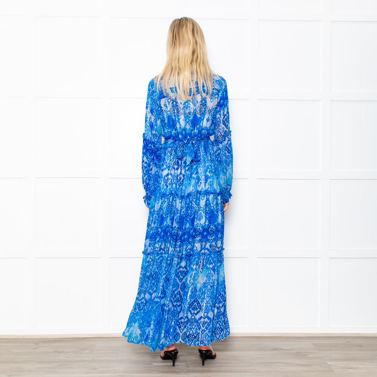 Miss June Blue Geometric Print Tie Waist Sheer Paris Maxi  Shirt Dress with Silver Lurex