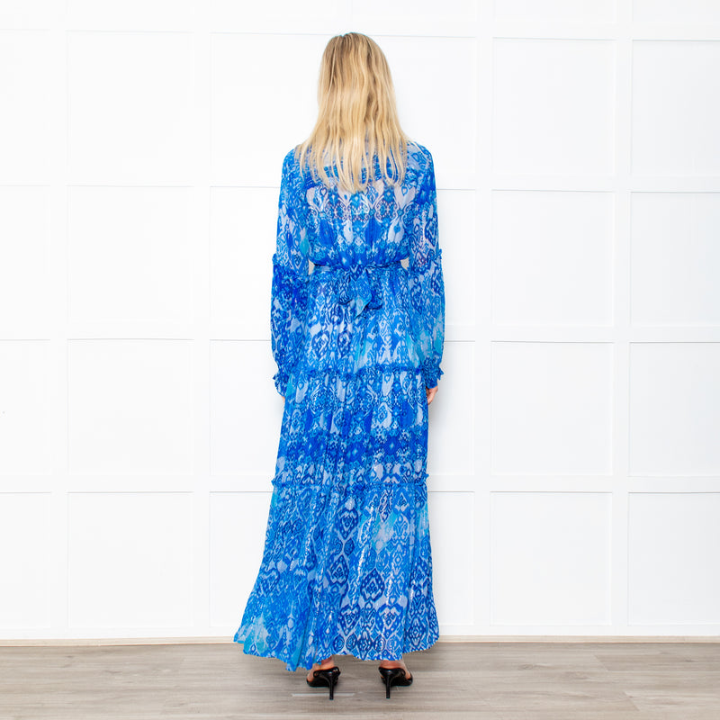 Miss June Blue Geometric Print Tie Waist Sheer Paris Maxi  Shirt Dress with Silver Lurex