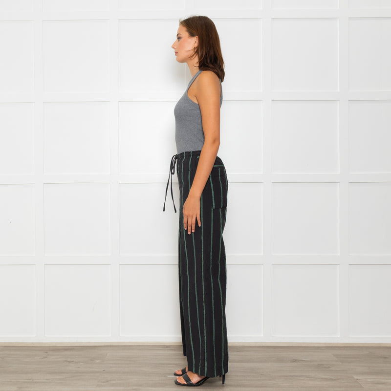 Free People Black Green Striped Cotton Trousers