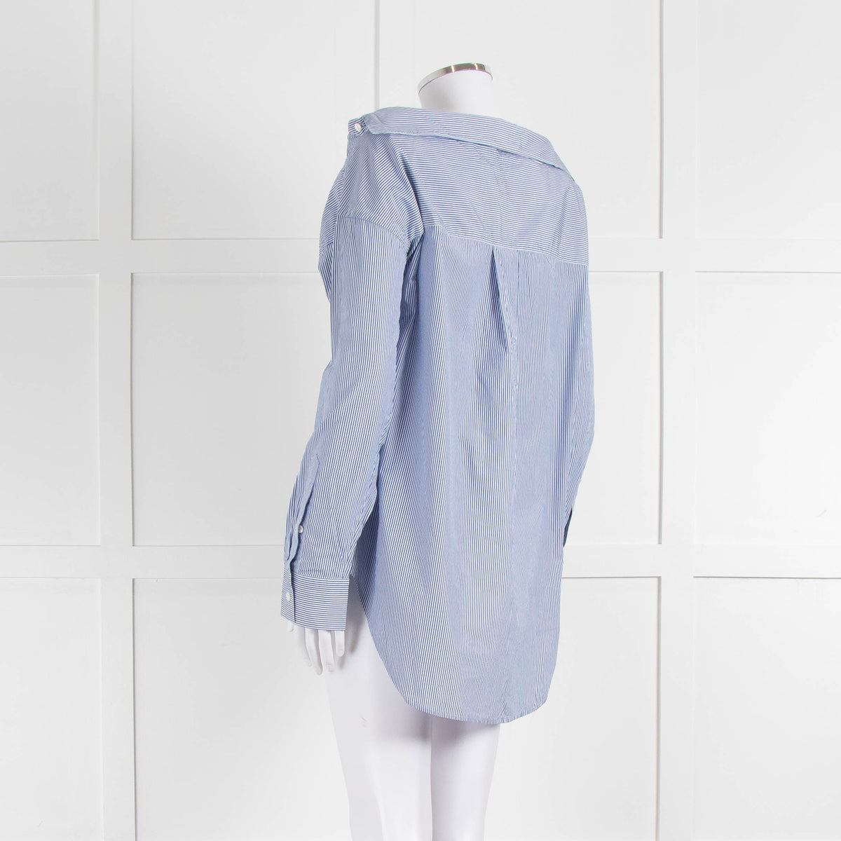 Theory Blue and White Micro Stripe Off Shoulder Collared Shirt