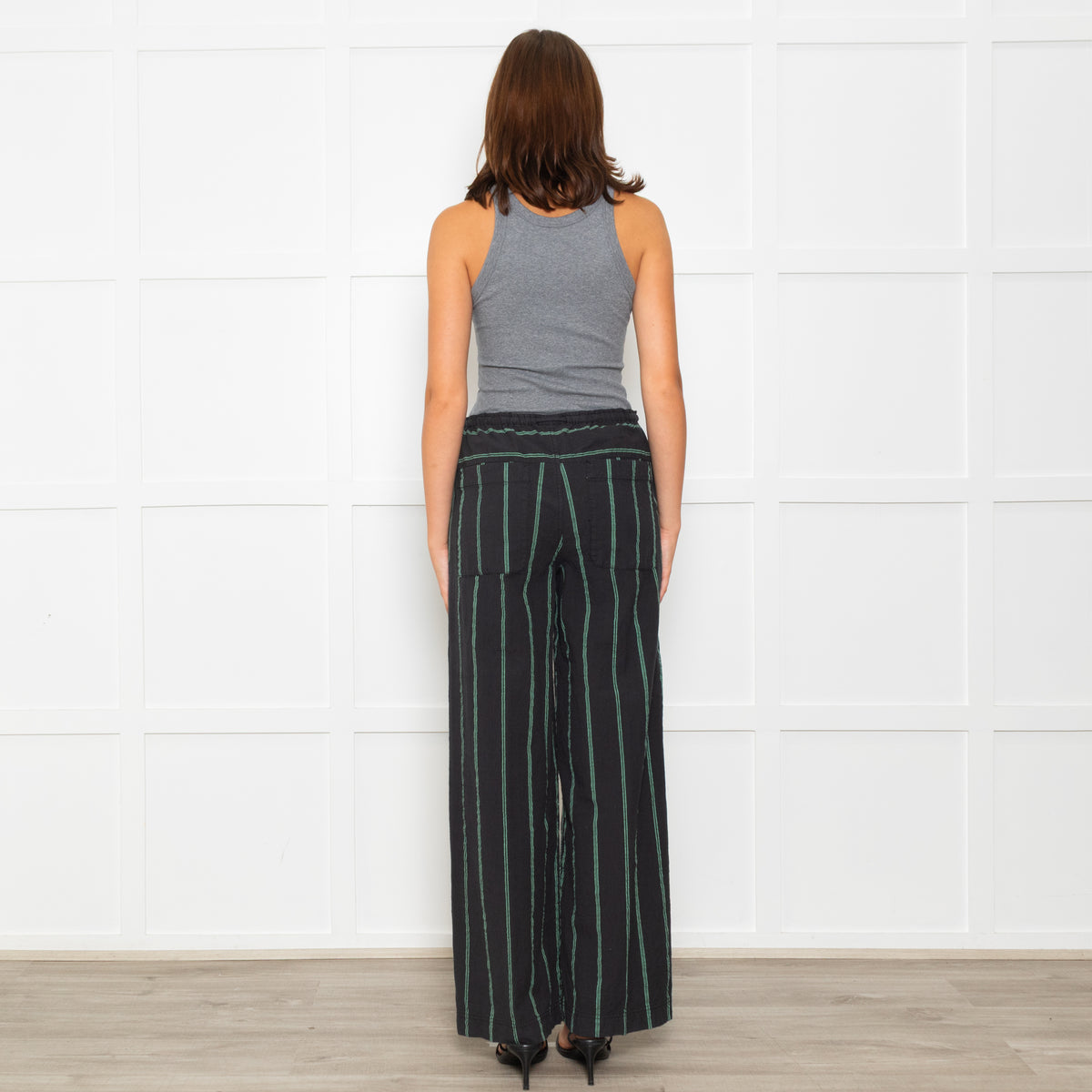 Free People Black Green Striped Cotton Trousers