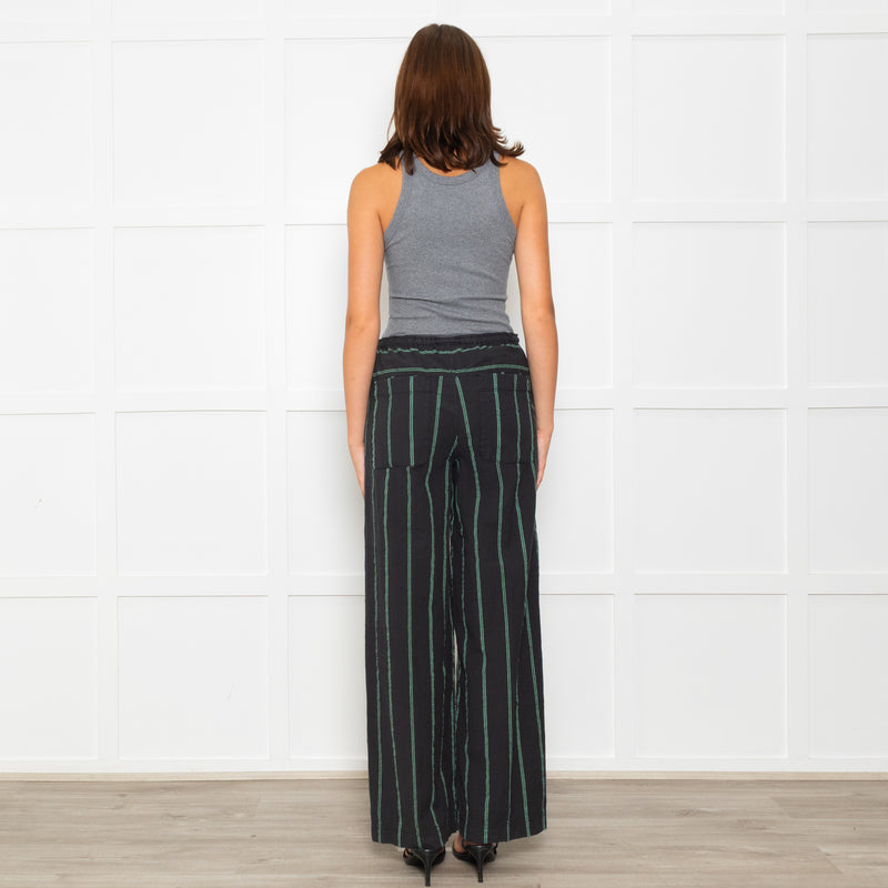 Free People Black Green Striped Cotton Trousers