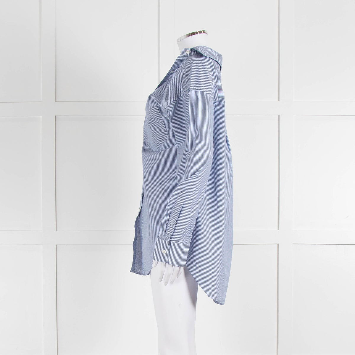 Theory Blue and White Micro Stripe Off Shoulder Collared Shirt