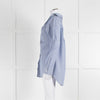Theory Blue and White Micro Stripe Off Shoulder Collared Shirt