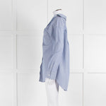 Theory Blue and White Micro Stripe Off Shoulder Collared Shirt