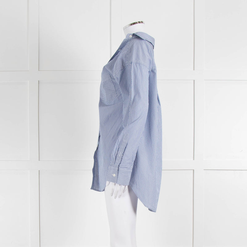 Theory Blue and White Micro Stripe Off Shoulder Collared Shirt