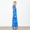 Miss June Blue Geometric Print Tie Waist Sheer Paris Maxi  Shirt Dress with Silver Lurex