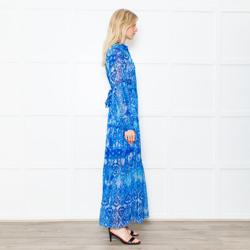 Miss June Blue Geometric Print Tie Waist Sheer Paris Maxi  Shirt Dress with Silver Lurex