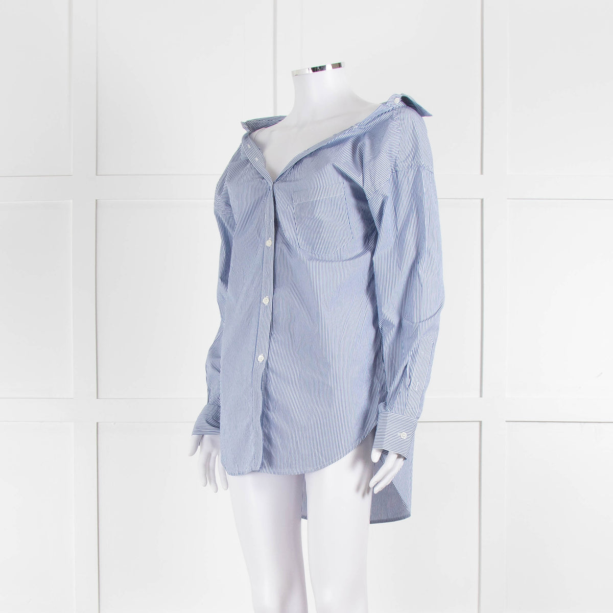 Theory Blue and White Micro Stripe Off Shoulder Collared Shirt