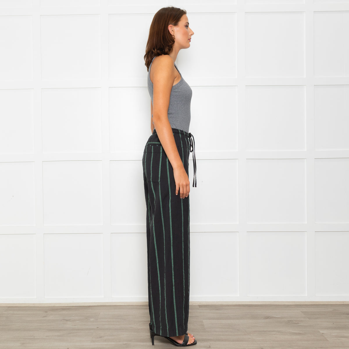 Free People Black Green Striped Cotton Trousers
