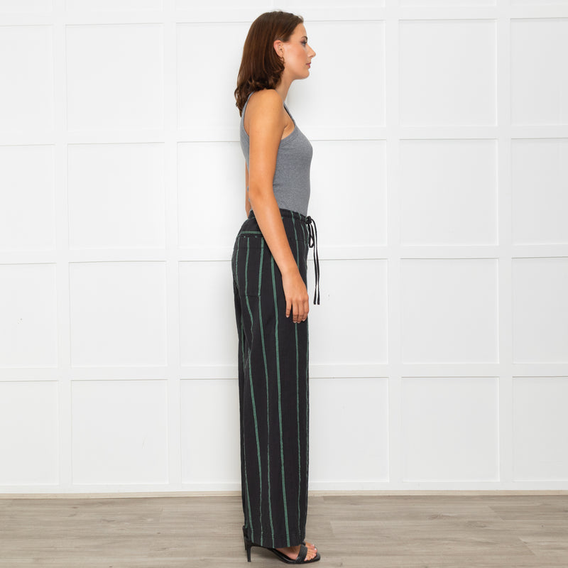 Free People Black Green Striped Cotton Trousers