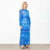 Miss June Blue Geometric Print Tie Waist Sheer Paris Maxi  Shirt Dress with Silver Lurex