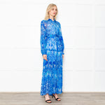 Miss June Blue Geometric Print Tie Waist Sheer Paris Maxi  Shirt Dress with Silver Lurex