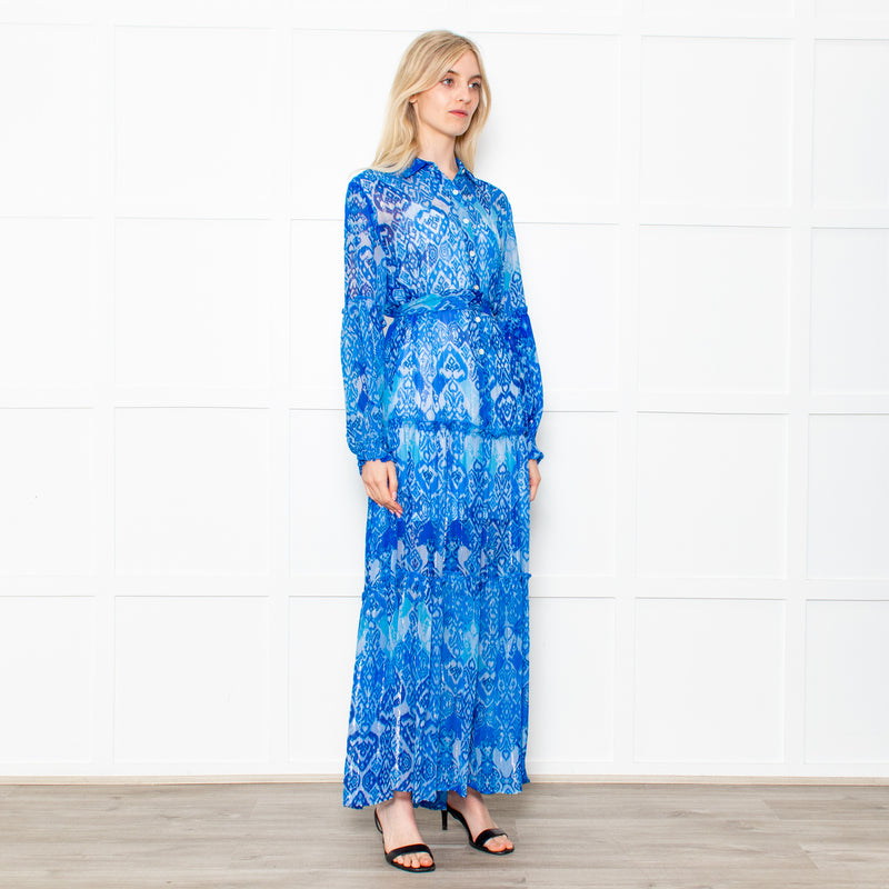 Miss June Blue Geometric Print Tie Waist Sheer Paris Maxi  Shirt Dress with Silver Lurex