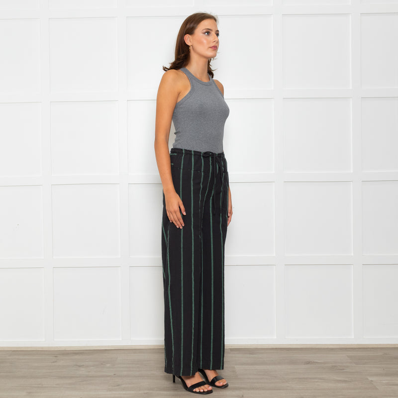 Free People Black Green Striped Cotton Trousers