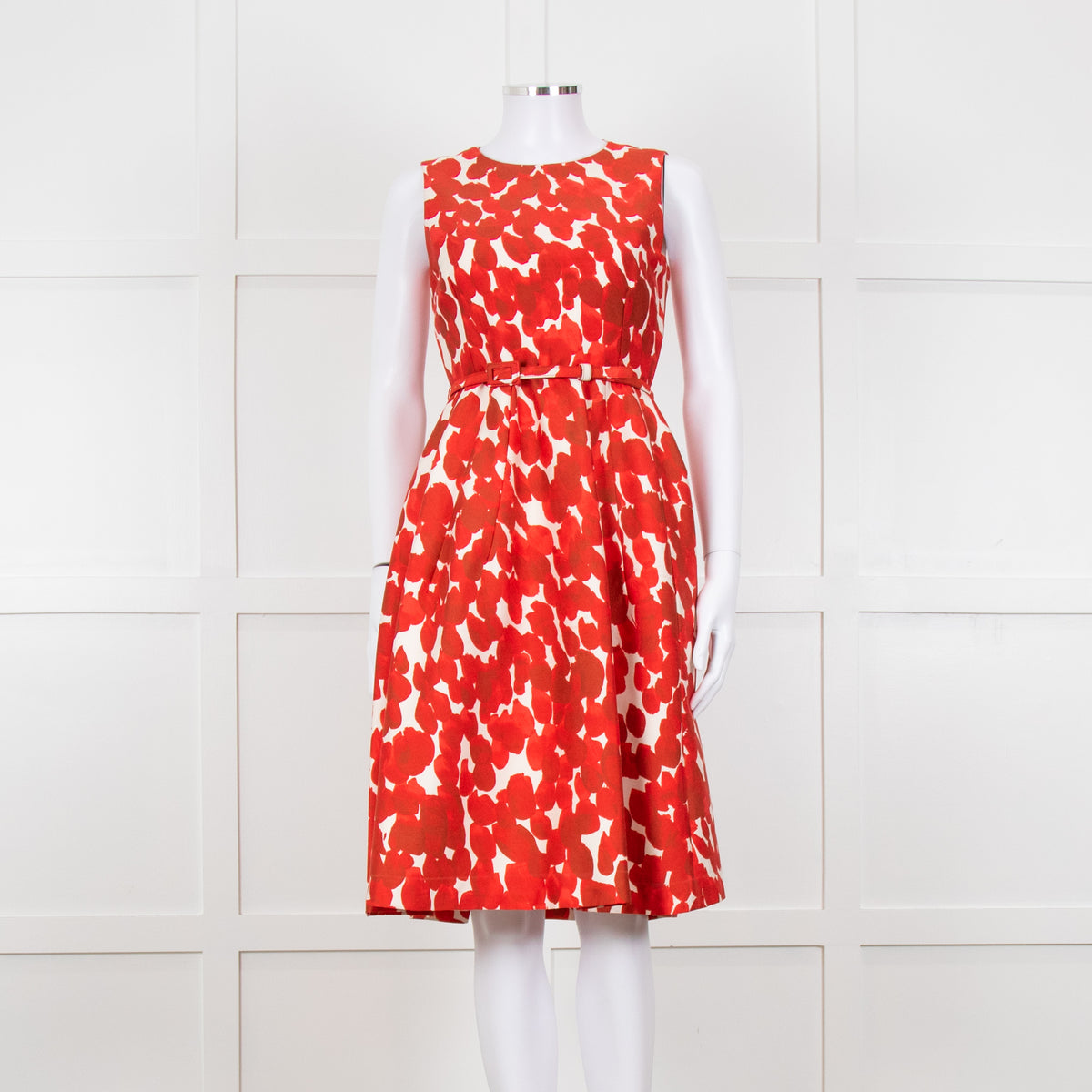 Carolina Herrera Cream Red Petal Belted Sleeveless Dress