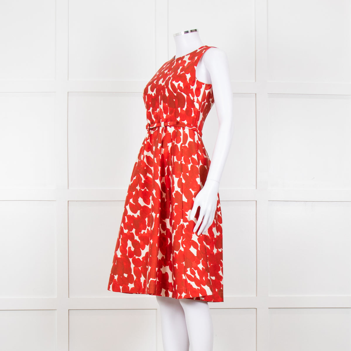 Carolina Herrera Cream Red Petal Belted Sleeveless Dress