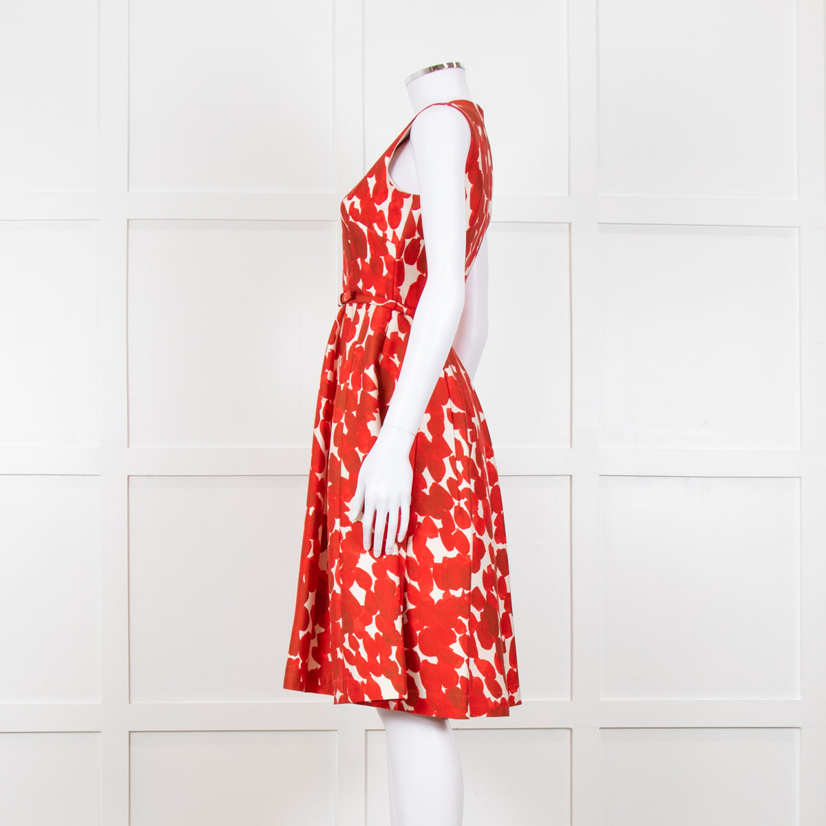 Carolina Herrera Cream Red Petal Belted Sleeveless Dress