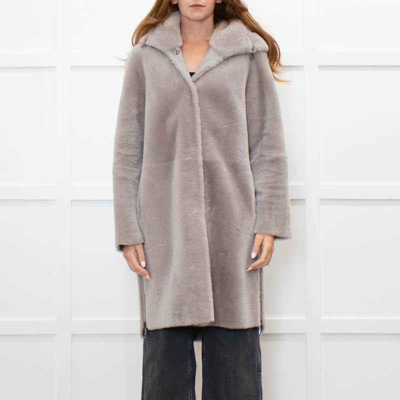 Suprema Grey Shearling Reversible Hooded Coat