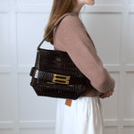 Victoria Beckham Brown Buckle Croc Embossed Bag