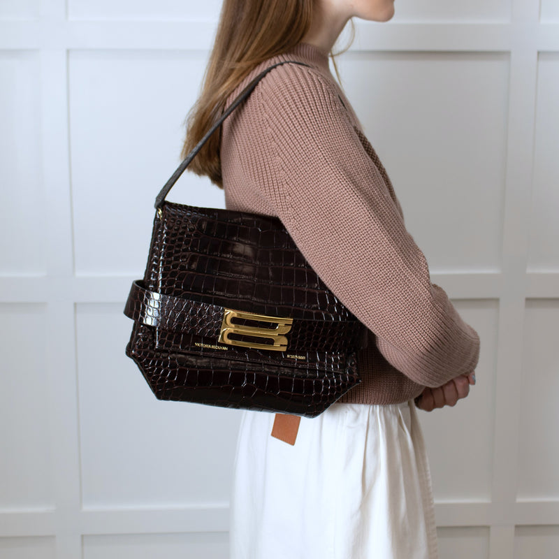 Victoria Beckham Brown Buckle Croc Embossed Bag