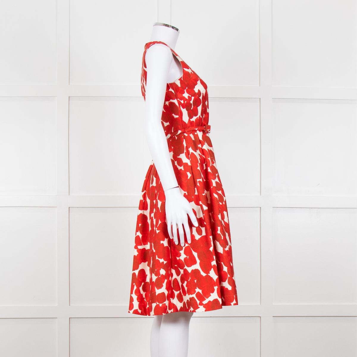 Carolina Herrera Cream Red Petal Belted Sleeveless Dress