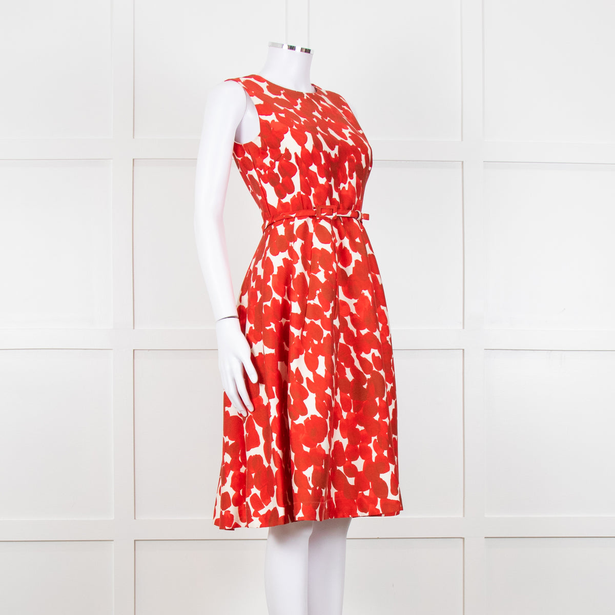 Carolina Herrera Cream Red Petal Belted Sleeveless Dress
