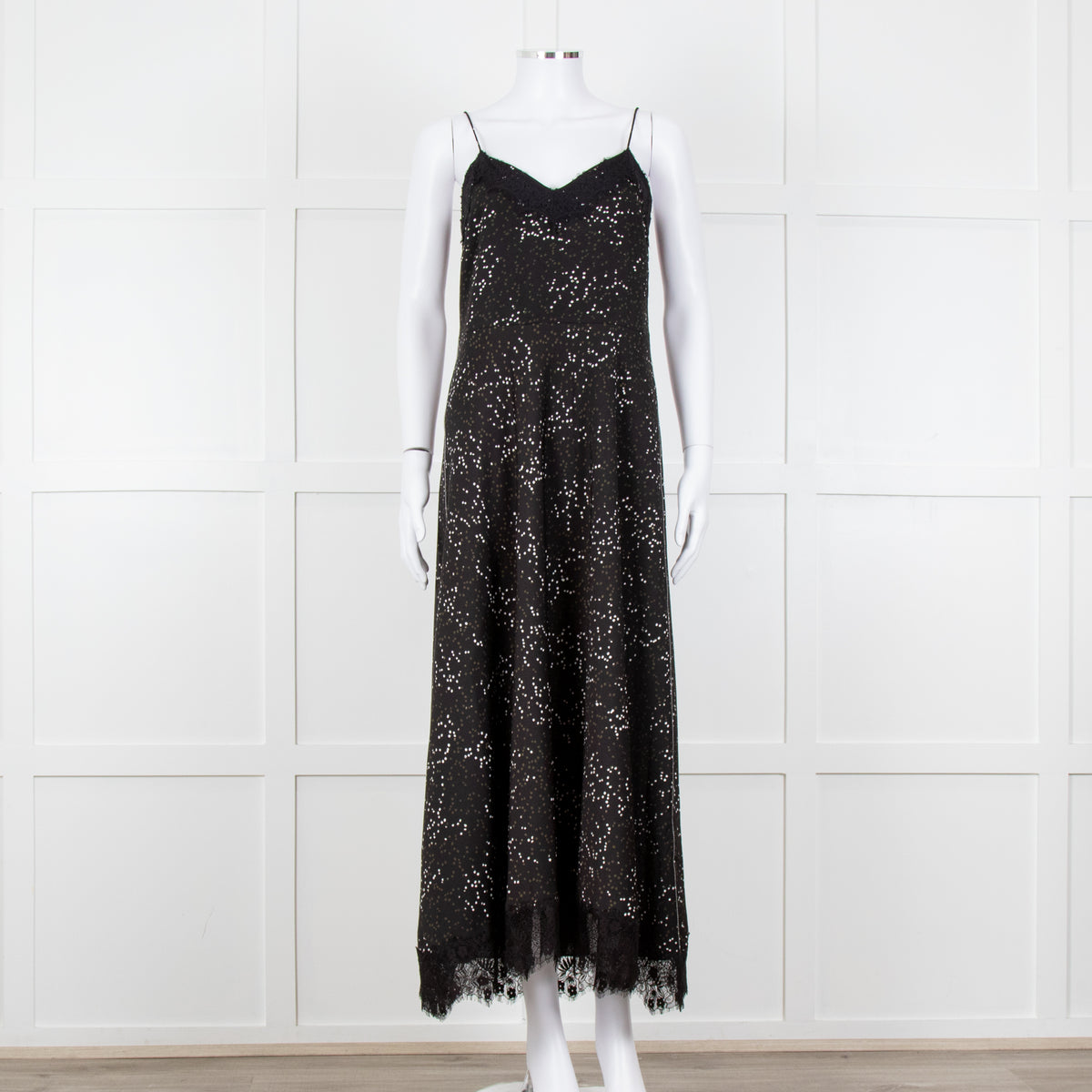 Me + Em Black White Green Dots Lace Trim Sleeveless Dress