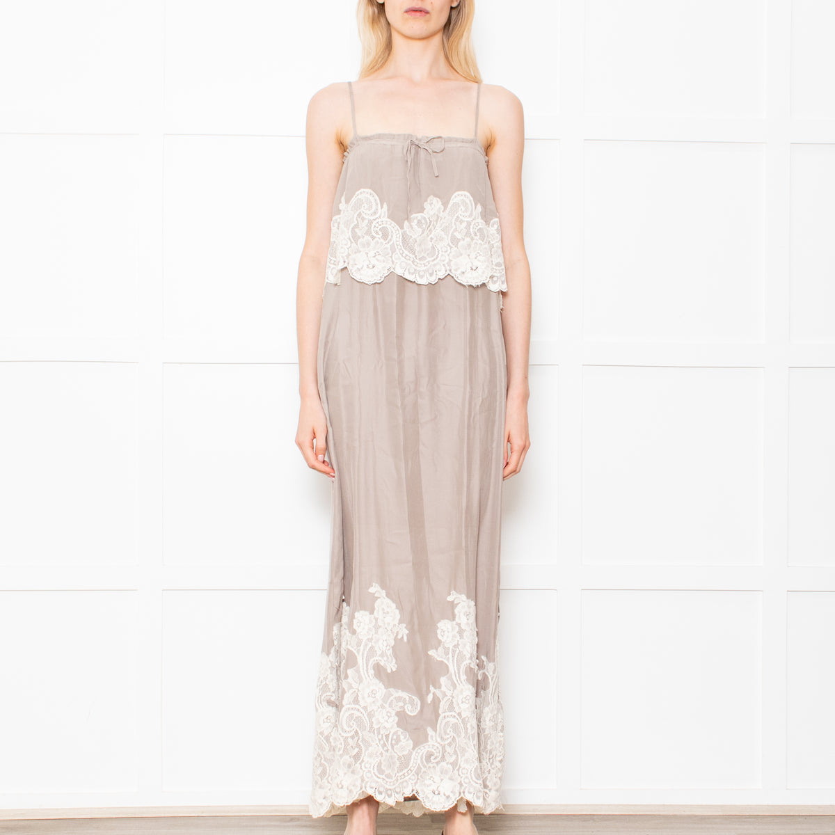 Gold Hawk Taupe 100% Silk Strappy Dress With Cream Lace Detail