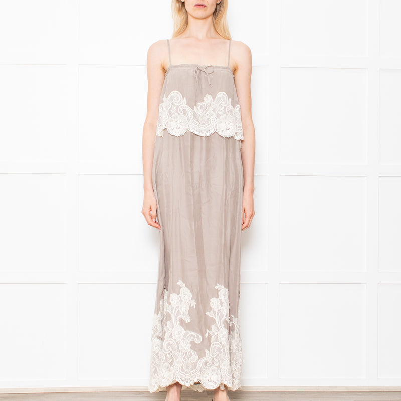Gold Hawk Taupe 100% Silk Strappy Dress With Cream Lace Detail