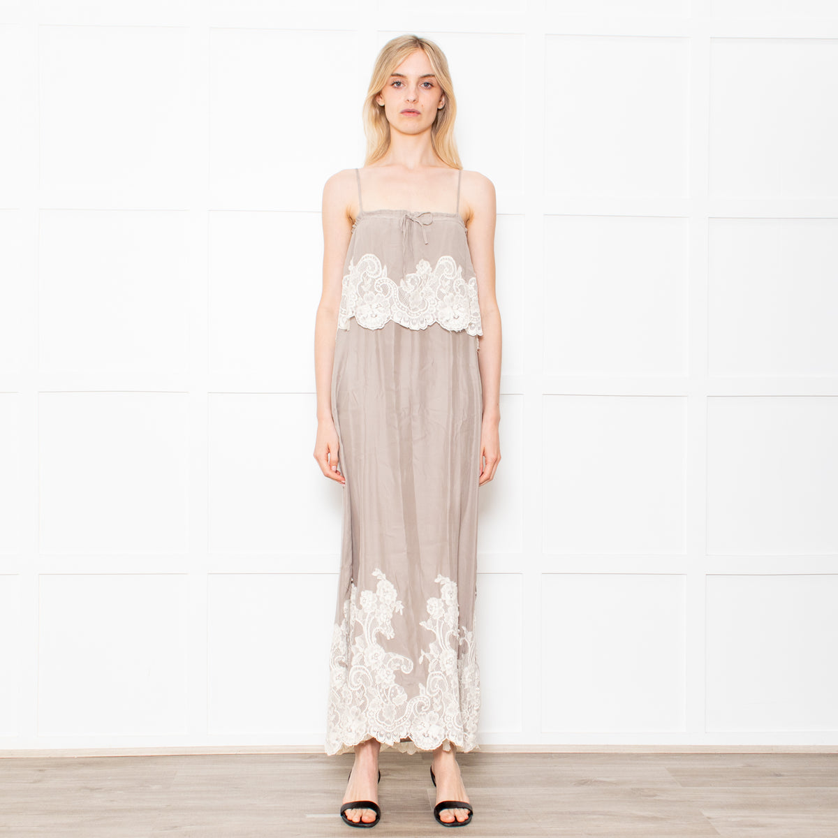 Gold Hawk Taupe 100% Silk Strappy Dress With Cream Lace Detail